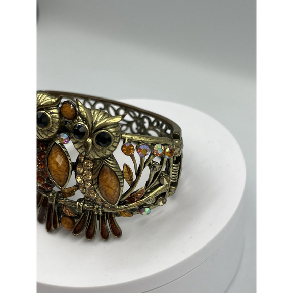 Vintage Owl Gold Tone Cuff Clamper Bangle Bracelet HANDMADE VTG SEE ALL - Picture 5 of 16